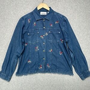 VTG‎ CASEY & MAX Womens Denim Jacket Floral Embroidery Frayed Hem Blue Size L